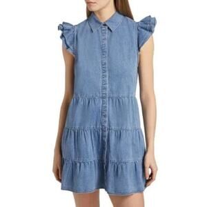 New ALICE + OLIVIA Jem Denim Tiered Mini Shirt Dress in Large